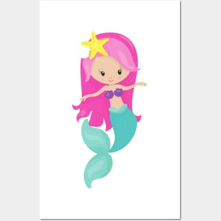 Cute Mermaid, Little Mermaid, Pink Hair, Starfish Posters and Art